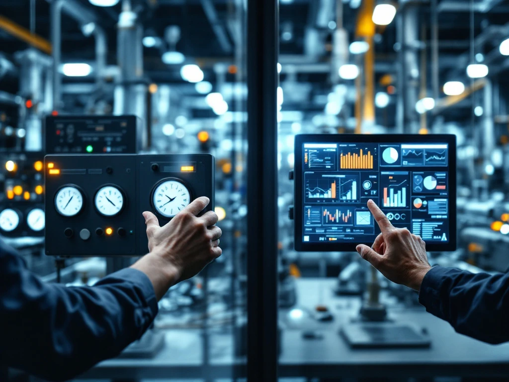Vergelijking van beginnende en ervaren operators in industriële controlekamer met productiefaciliteiten en digitale interfaces.
