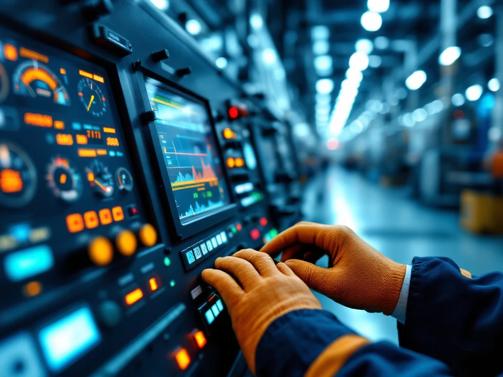Handen met veiligheidshandschoenen bedienen een geavanceerd industrieel controlepaneel met meters en digitale schermen in een moderne productiefaciliteit met blauwe technische verlichting.
