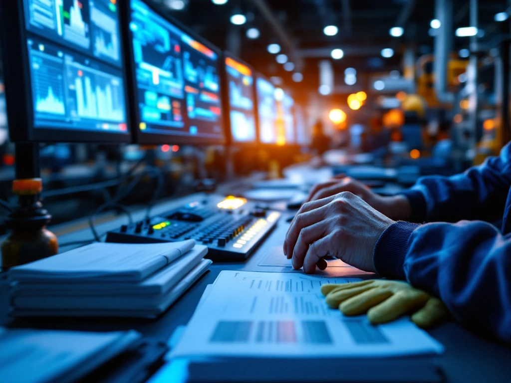 Vakkundige handen bedienen controlepanelen in een moderne fabriek met technische monitoren, productielijn op achtergrond en vakdiploma's op het bureau.