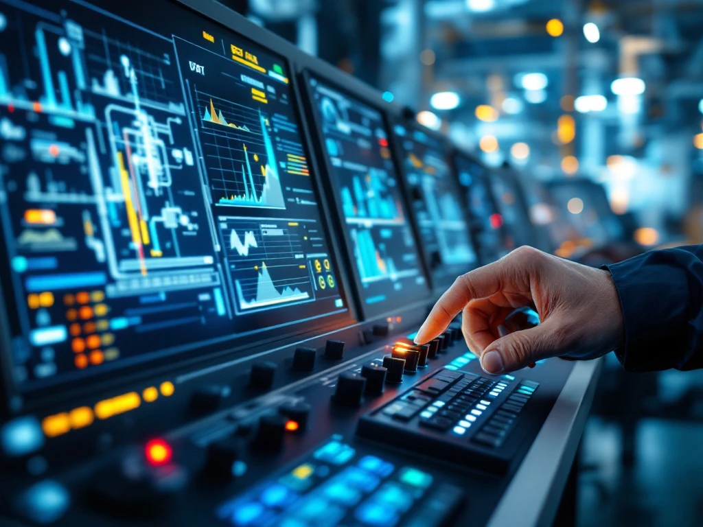 Gehandschoende procesoperator bedient een controleknop in moderne industriële controlekamer met geavanceerde panelen, schermen en industrieel landschap op achtergrond.