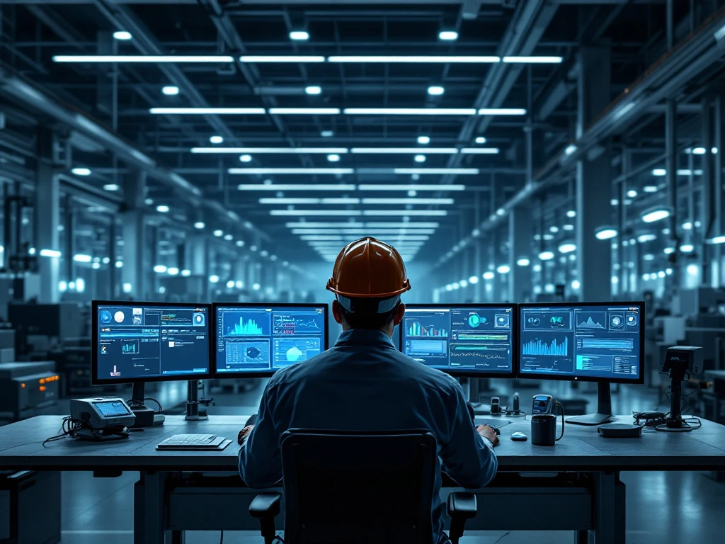 Operator bij geavanceerd bedieningspaneel in moderne industriële productiefaciliteit, controleert kwaliteitsgegevens terwijl productmonsters op inspectietafel liggen.