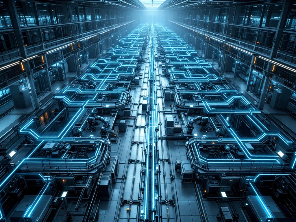 Moderne industriële faciliteit met geautomatiseerde productielijnen, robotarmen en een geavanceerd controlecentrum, verlicht door blauwe en oranje accentverlichting.