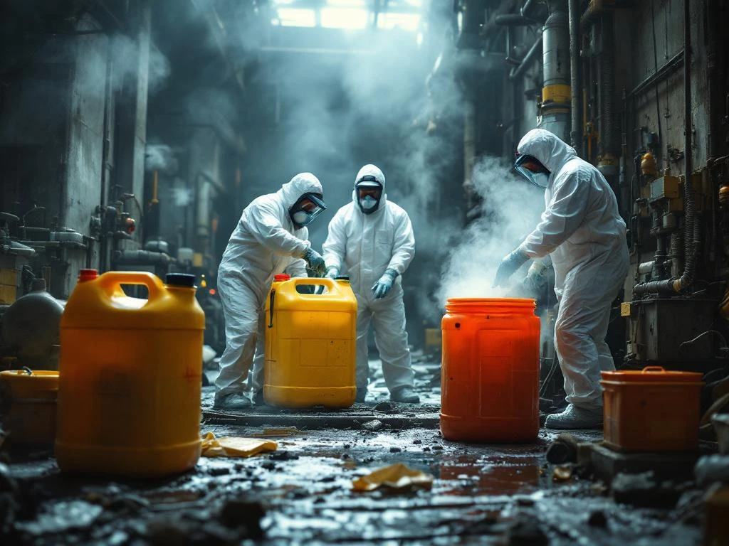 Milieuspecialisten in hazmat-pakken ontmantelen chemische apparatuur in verlaten industriële ruimte met gevaarlijke stoffen