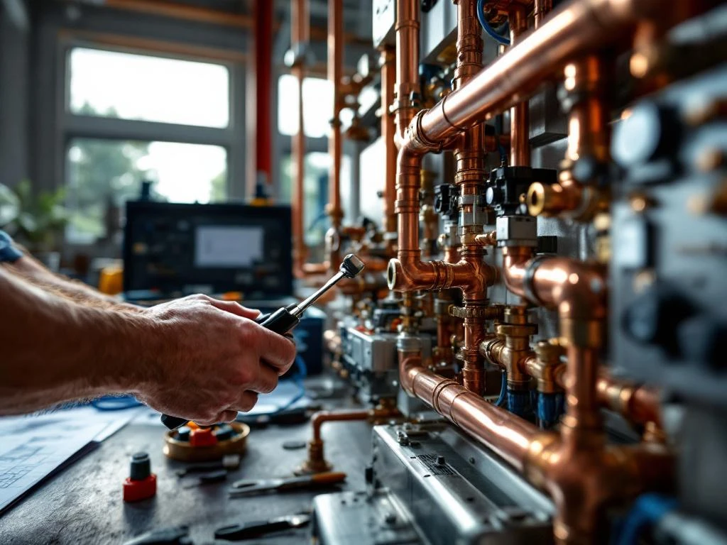 Vakkundige handen installeren industrieel HVAC-systeem met koperen buizen en moderne bedieningscomponenten. Gereedschapskist en technische blauwdrukken op werkbank zichtbaar.
