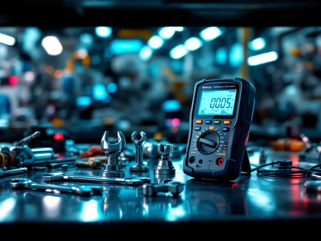 Industriële onderhoudsgereedschappen op metalen werkbank met precisie sleutels, multimeter en kalibratie-apparatuur