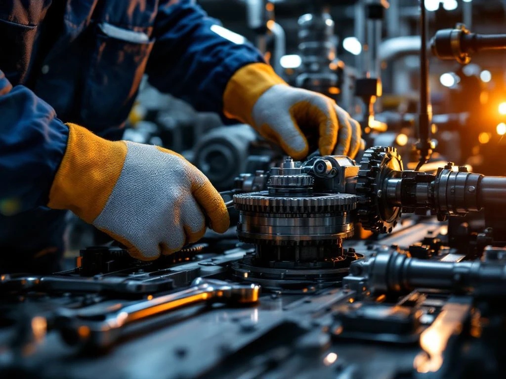 Onderhoudsmonteur past industriële tandwielen aan met gereedschap in moderne fabriek met dramatische verlichting