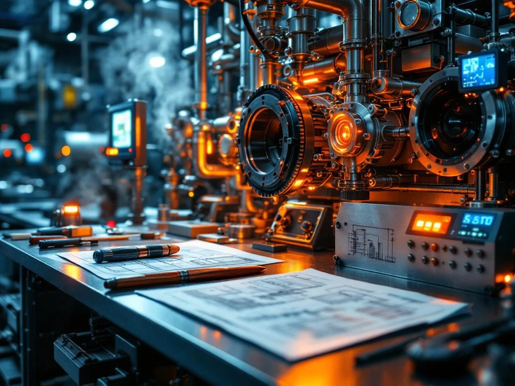 Industriële onderhoudsruimte met metalen machines, gereedschap op werkbank en technische blauwdrukken onder warme verlichting