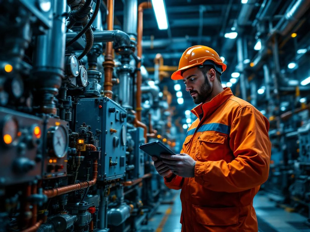Onderhoudsmonteur in oranje werkkleding inspecteert industriële machines met diagnostische apparatuur in moderne fabriek