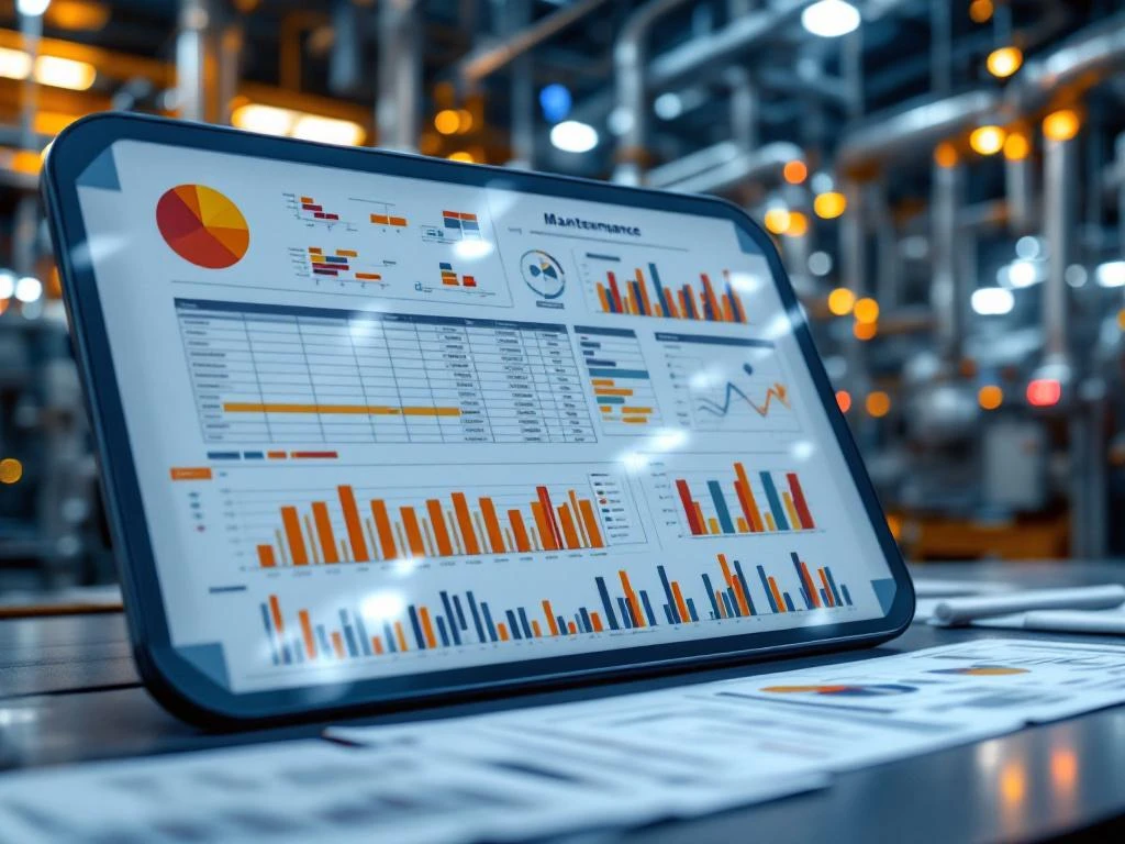 Industrieel onderhoudsplanbord met kleurrijke schema's, blauwdrukken en tablet op moderne werkplek met machines op achtergrond