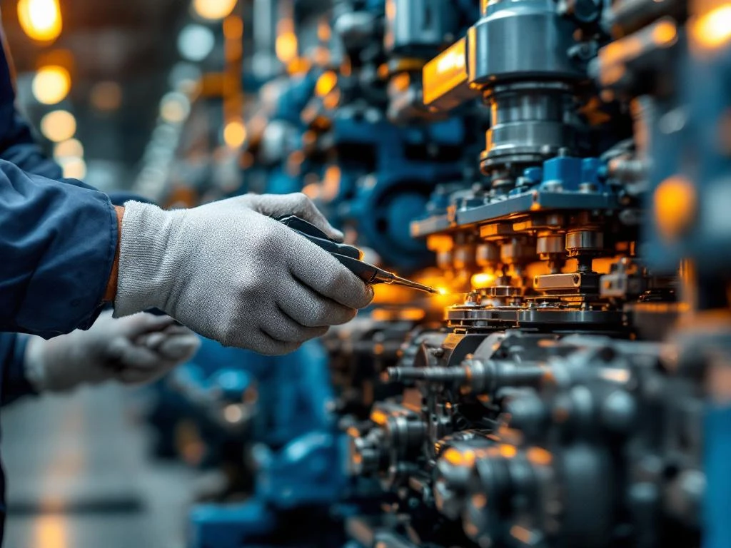 Onderhoudsmonteur past industriële machines aan met precisie-gereedschap in moderne fabriek met dramatische verlichting