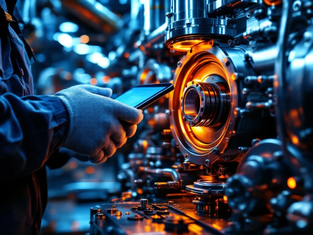 Technicus met tablet en gereedschap voert onderhoud uit aan industriële machines met metalen tandwielen en buizen