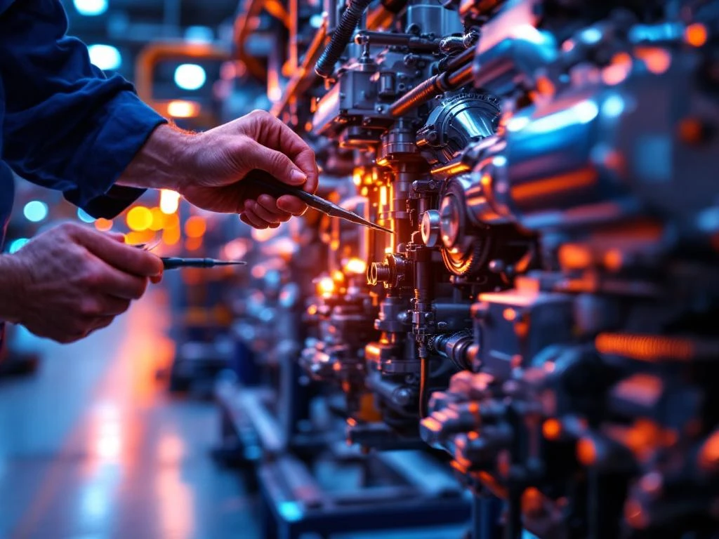 Technicus stelt industriële machines af met precisietools op moderne fabrieksvloer met dramatische verlichting
