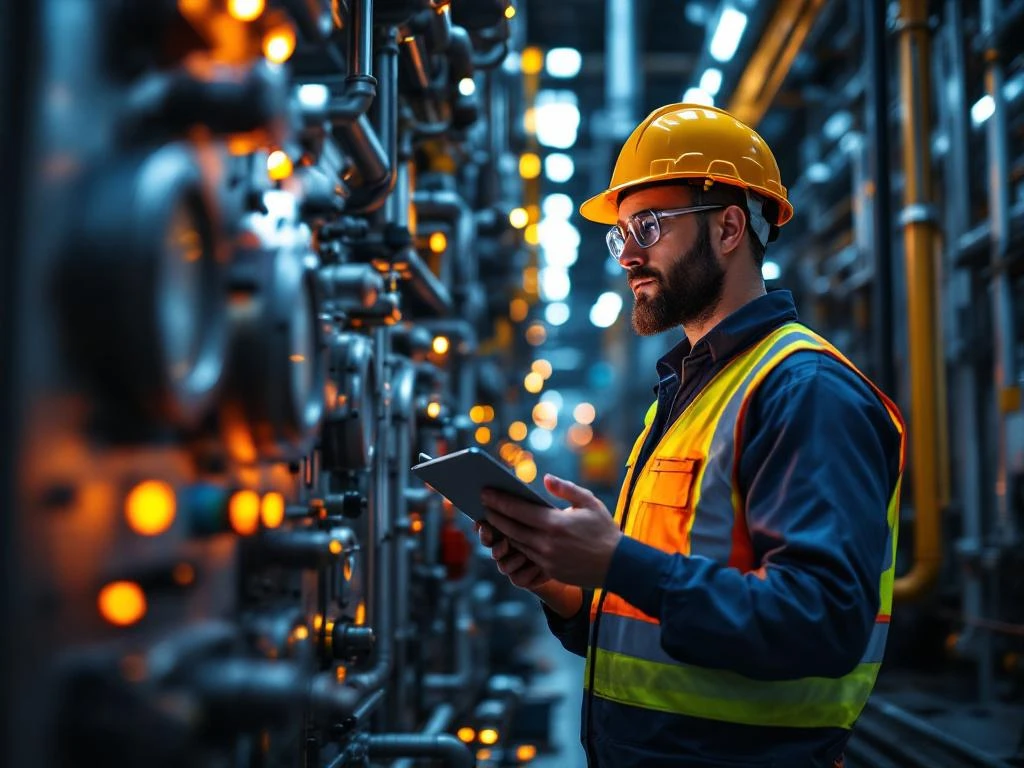 Onderhoudstechnicus in veiligheidspak inspecteert industriële apparatuur met tablet in moderne fabriek