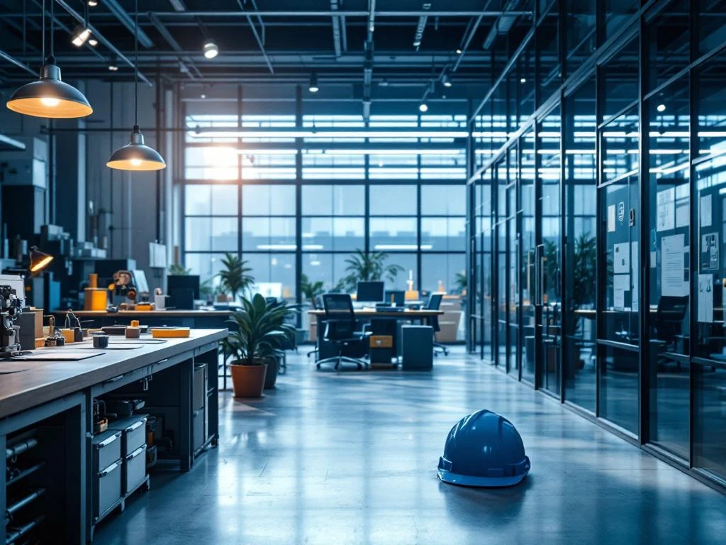Modern industrieel interieur met werkbank en glazen kantoor; een hand wijst van technisch werk naar management, symboliserend carrièregroei in de industrie.