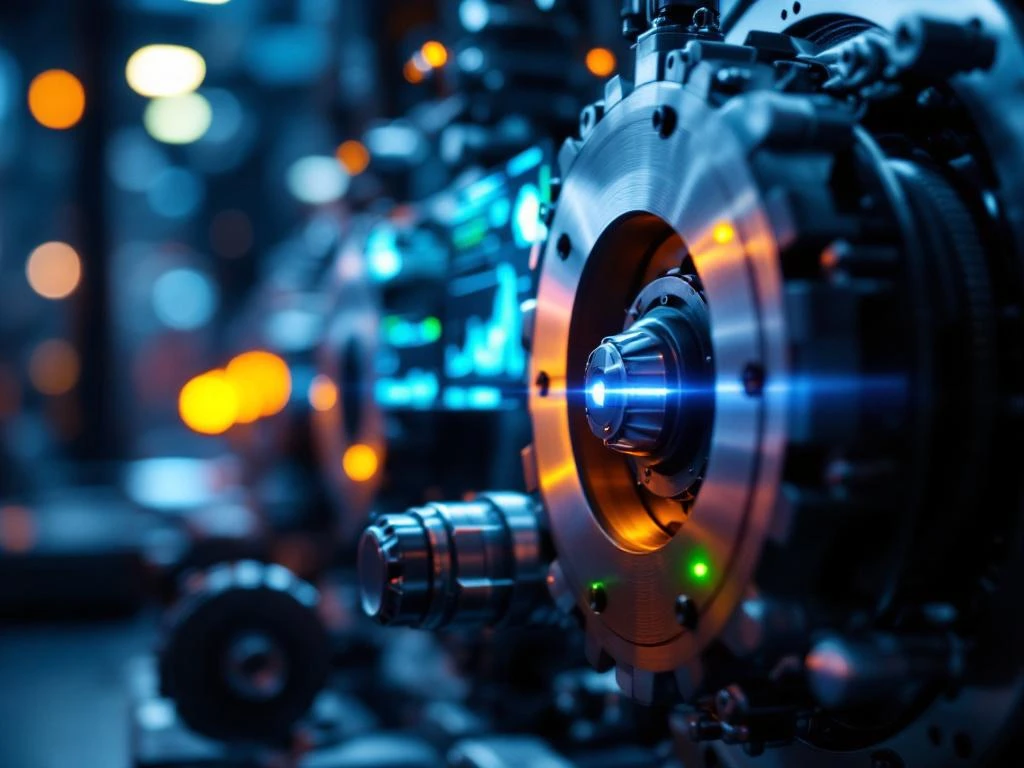 Industriële machines met sensoren en blauwe LED-indicatoren voor predictief onderhoud en realtime datamonitoring