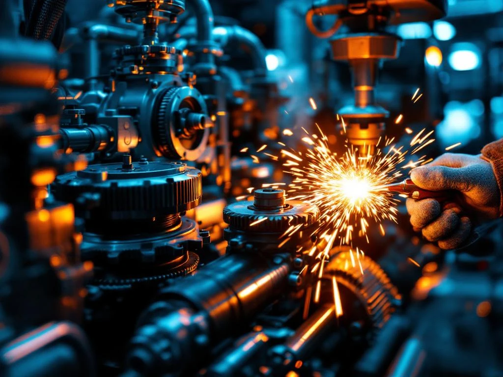 Onderhoudstechnicus repareert industriële machines met precisietools, vonken en metalen tandwielen zichtbaar in werkplaats