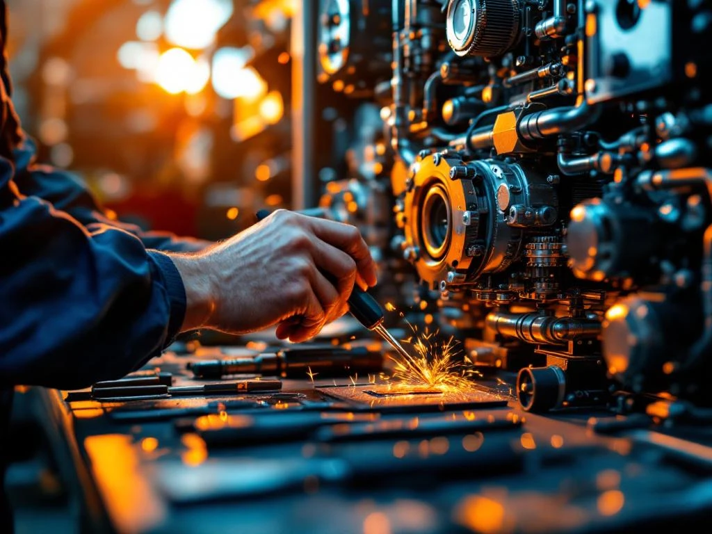 Onderhoudstechnicus past industriële machines aan met precisietools in moderne fabriek met dramatische verlichting
