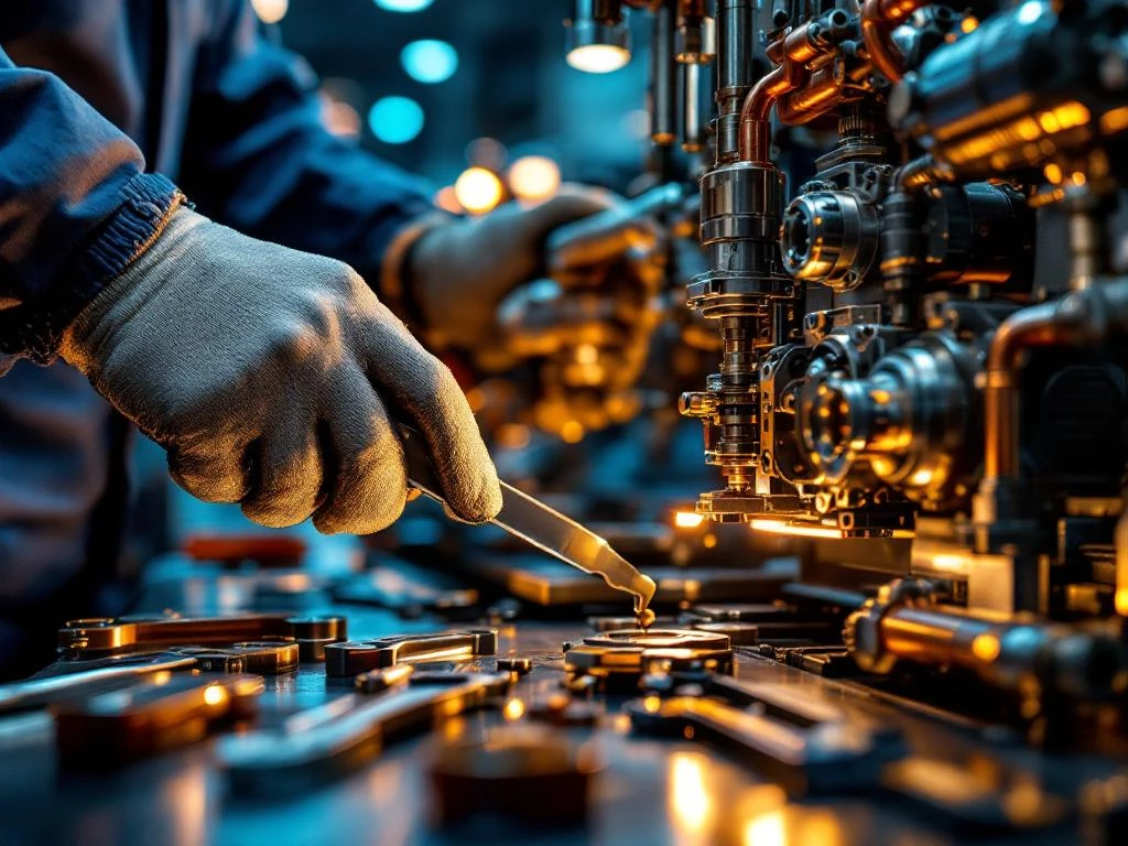 Vakkundige handen in werkhandschoenen bedienen precisiemachines in moderne fabriek met gereedschap