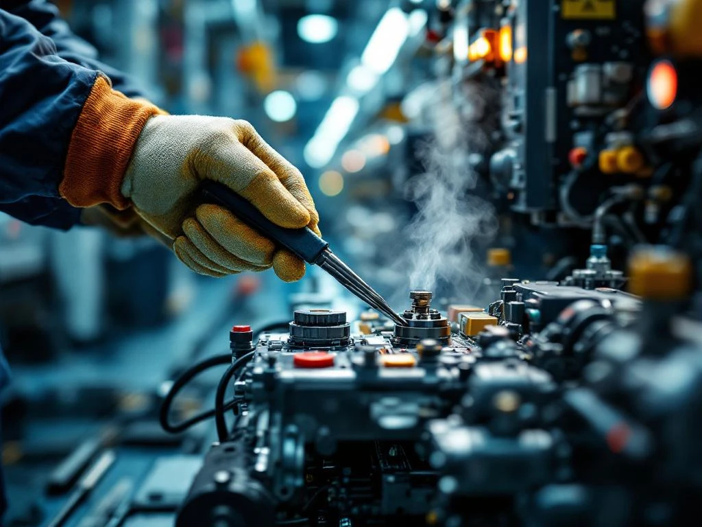 Handen in werkhandschoenen houden gespecialiseerde gereedschappen vast bij het repareren van complexe industriële machines op een moderne fabrieksvloer.