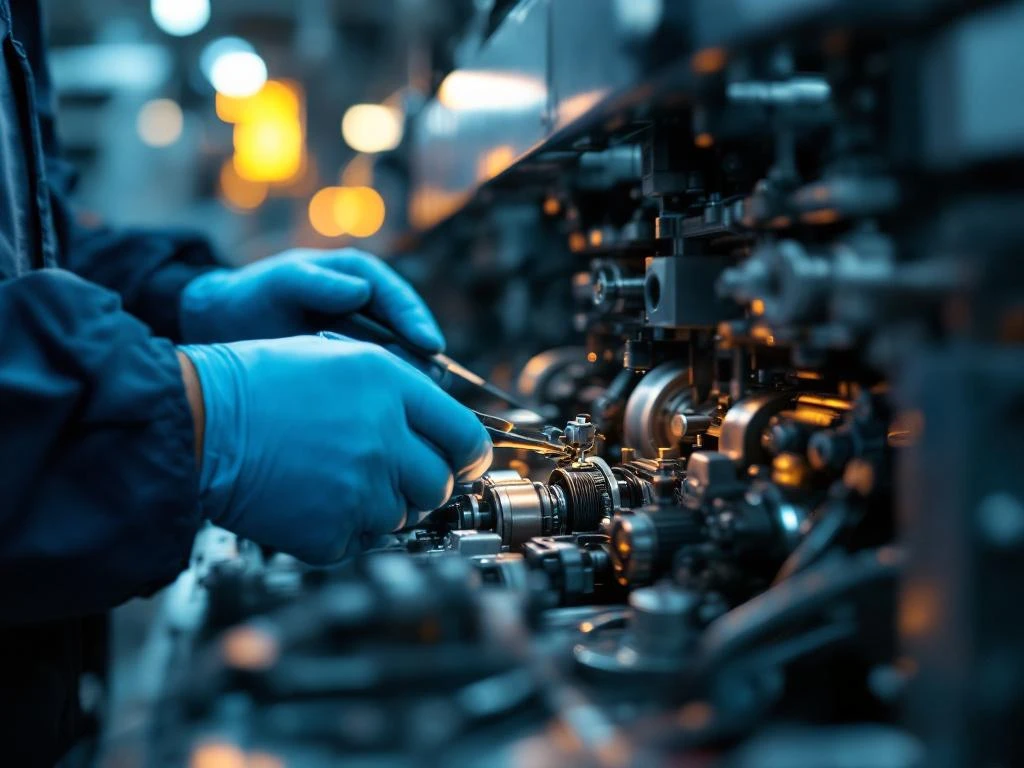 Onderhoudstechnicus met blauwe handschoenen repareert nauwkeurig industriële machines met precisie-gereedschap in moderne fabriek