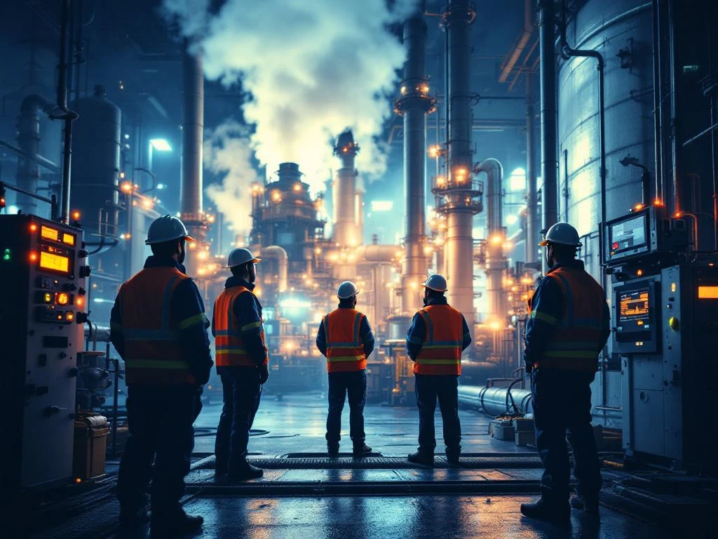 Industriële veiligheidsmedewerkers in beschermende kleding rond milieumonitoringapparatuur in moderne fabriek