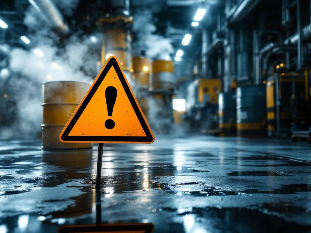 Industriële werkplek met waarschuwingsborden voor gevaarlijke stoffen, chemische vaten en stoom uit leidingen