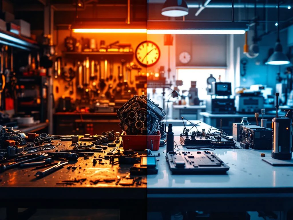 Gesplitst werkruimtebeeld: mechanische garage met gereedschap links, moderne technische laboratorium rechts