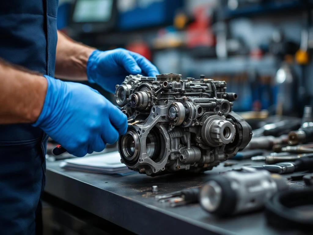 Vakkundige monteurshanden in blauwe werkhandschoenen die een complex motoronderdeel precisiewerk geven in een professionele werkplaats met georganiseerd gereedschap.