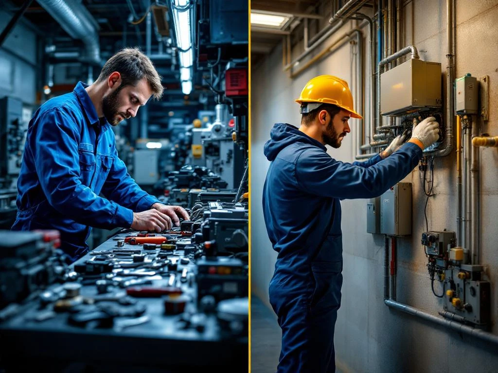 Vakkundige monteur repareert industriële machine naast professionele installateur die technische apparatuur monteert, beide vertegenwoordigen technische expertise in een industriële omgeving.