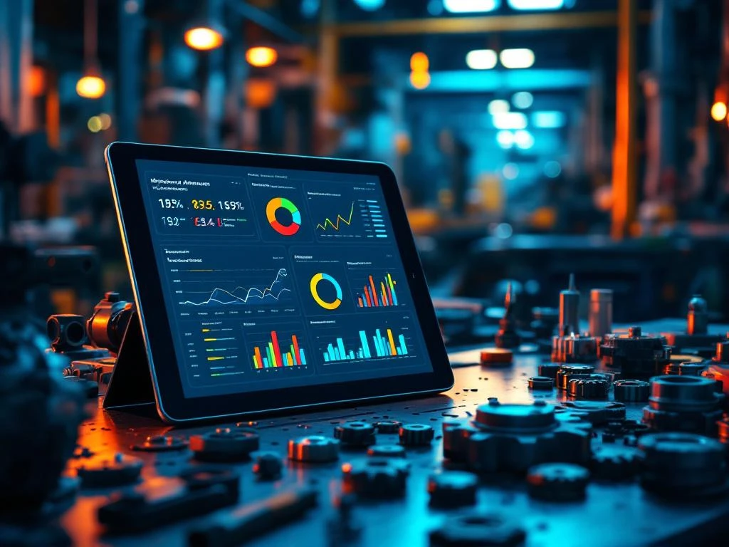 Digitale tablet met onderhoudsmanagement dashboard op werkbank omringd door gereedschap en tandwielen in industriële omgeving