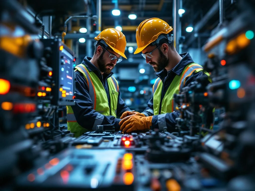 Onderhoudsbeheerder in veiligheidsvest inspecteert industriële machines in moderne fabriek met verlichte bedieningspanelen