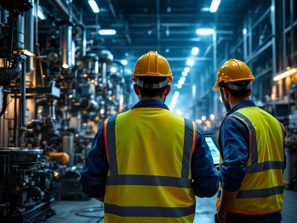 Twee industriële ingenieurs in reflecterende vesten: onderhoudsmedewerker inspecteert machines, betrouwbaarheidsingenieur analyseert data op tablet in moderne fabriek