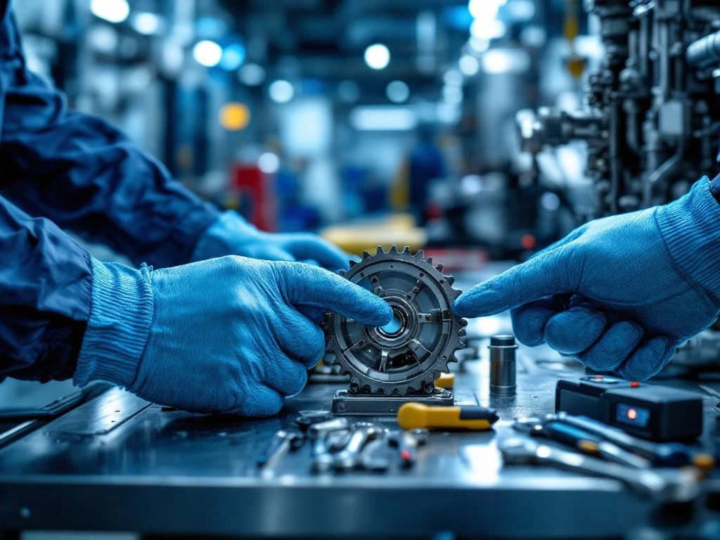 Handen in blauwe werkhandschoenen voeren precisieonderhoud uit aan industriële machines, met gespecialiseerd gereedschap op een metalen werkbank in een moderne fabrieksomgeving.