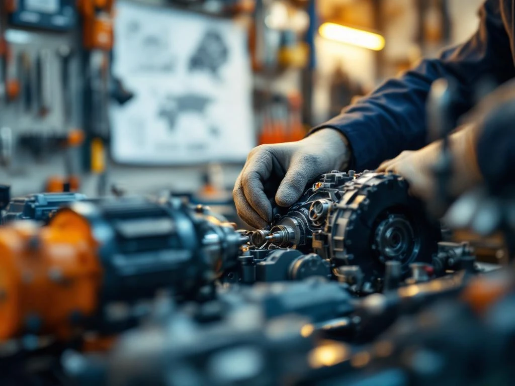 Vakkundige handen in werkhandschoenen repareren nauwkeurig complexe machines in een moderne industriële werkplaats met georganiseerde technische omgeving.