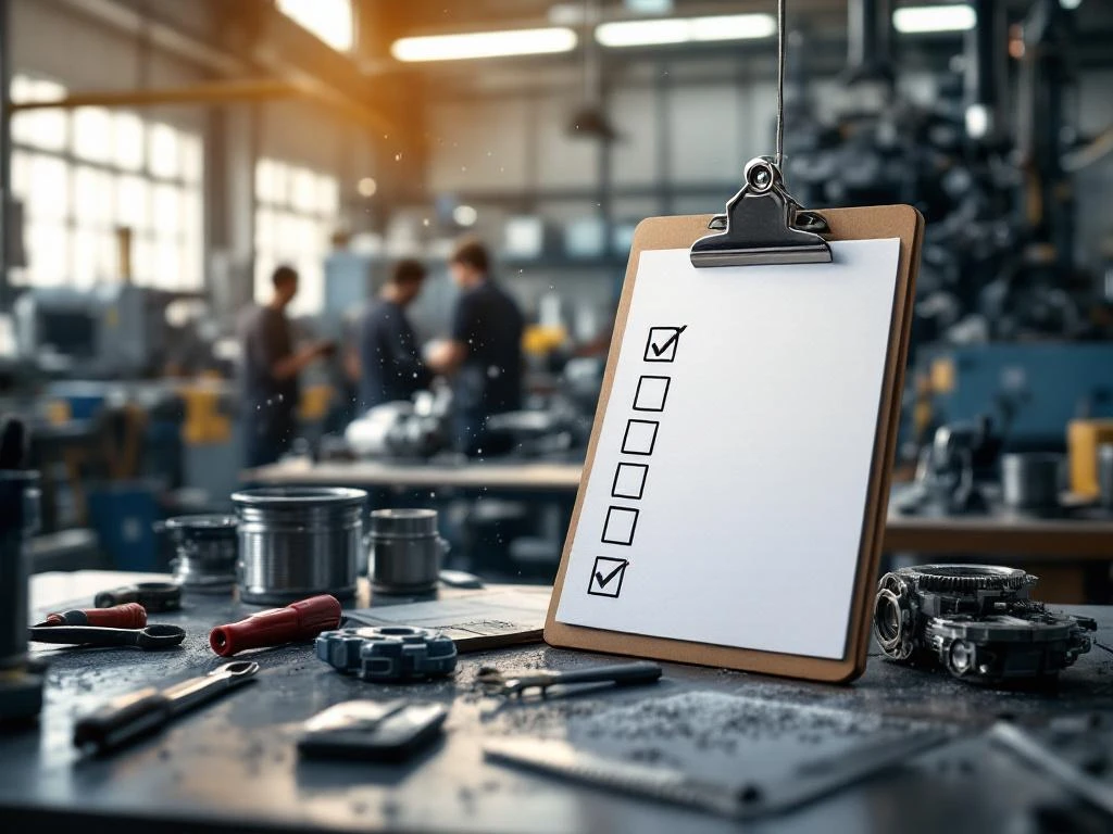 Lege werkplaats met ongebruikte werkstations en één deels voltooid technisch project. Een checklist hangt prominent, symboliserend vacante posities voor technici bij Detalent.