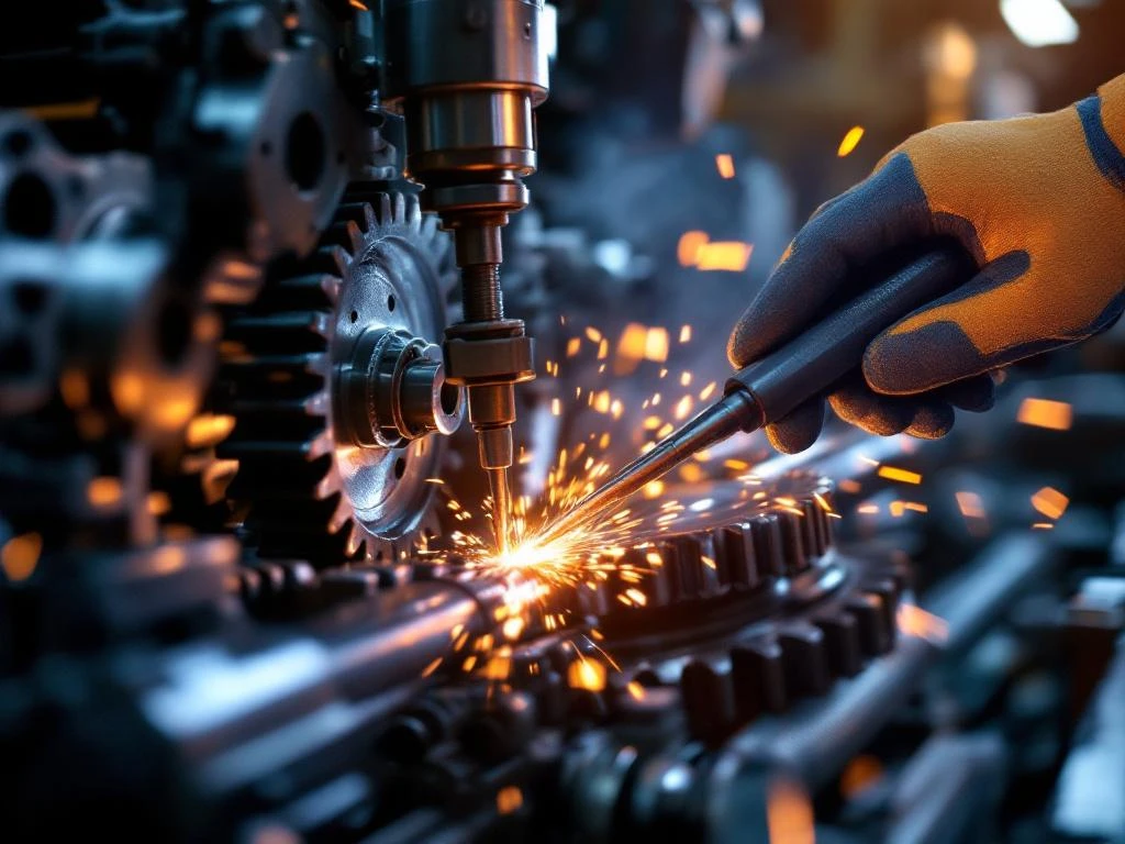 Technicus met veiligheidshandschoenen voert precisiemaintenance uit op industriële tandwielen en mechanische onderdelen