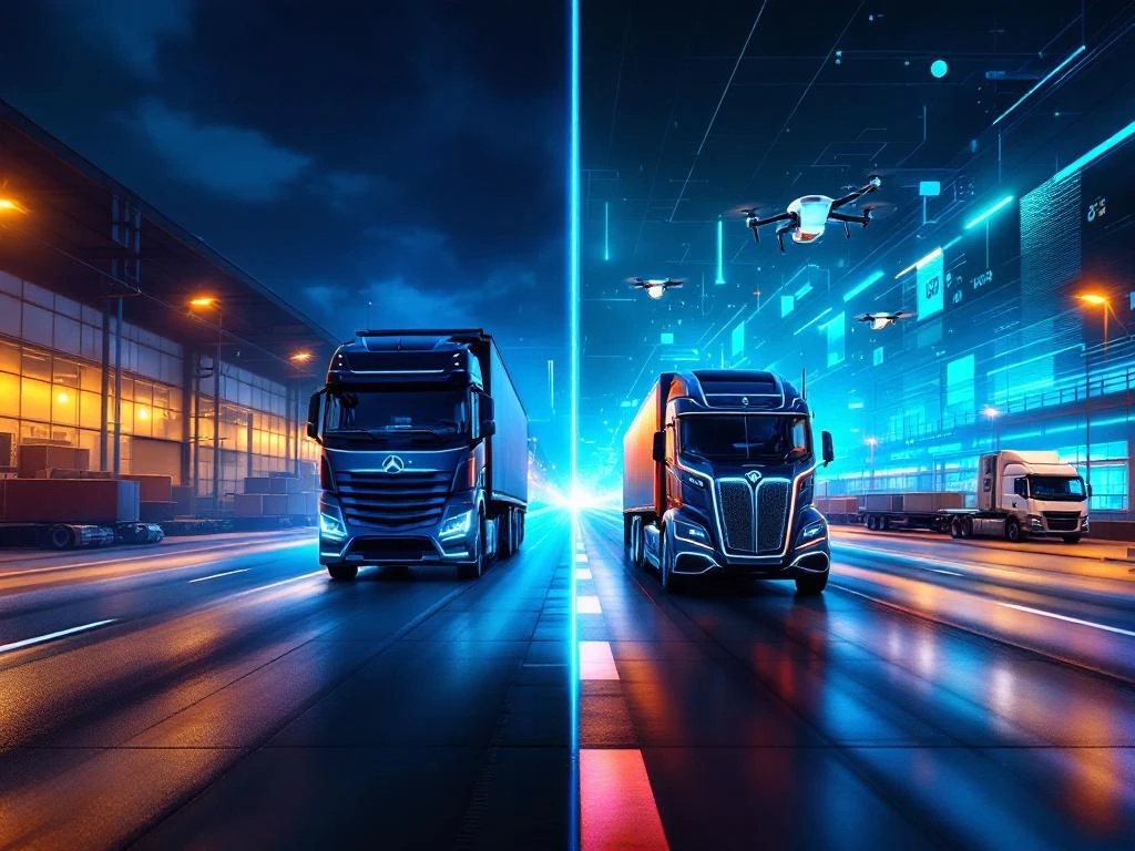 Gesplitst scherm toont evolutie transport 2025: traditionele dieseltrucks links, autonome elektrische voertuigen en drones rechts