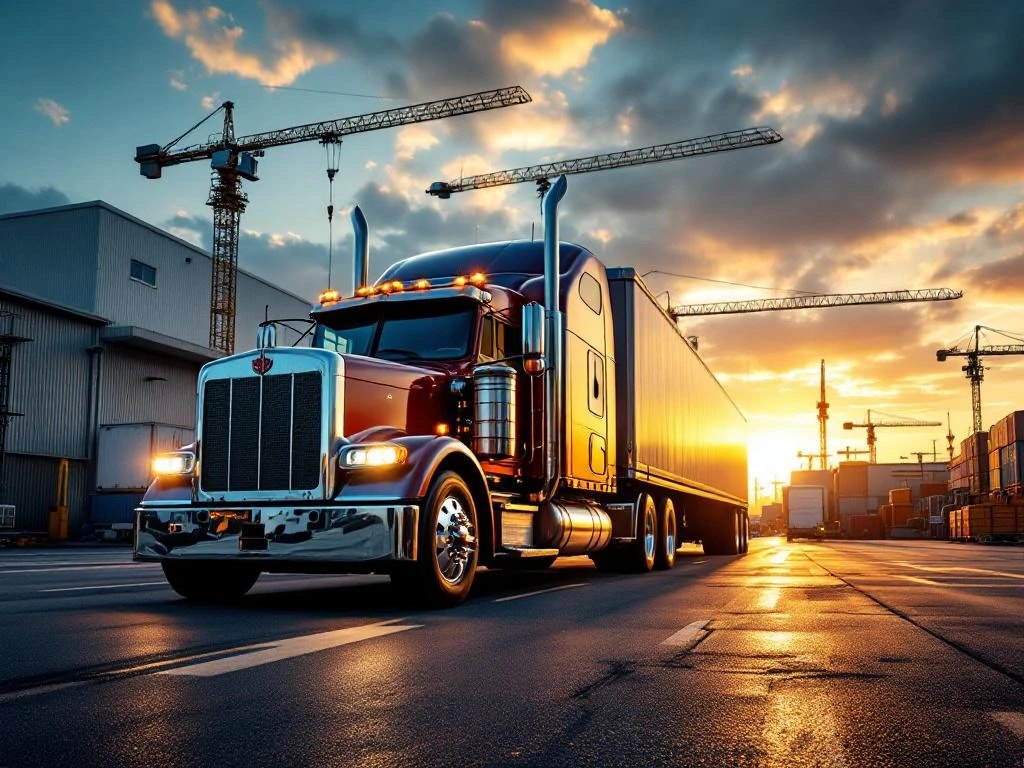 Grote vrachtwagen met C-rijbewijs geparkeerd bij industrieel complex tijdens gouden uur met kranen en warehouses