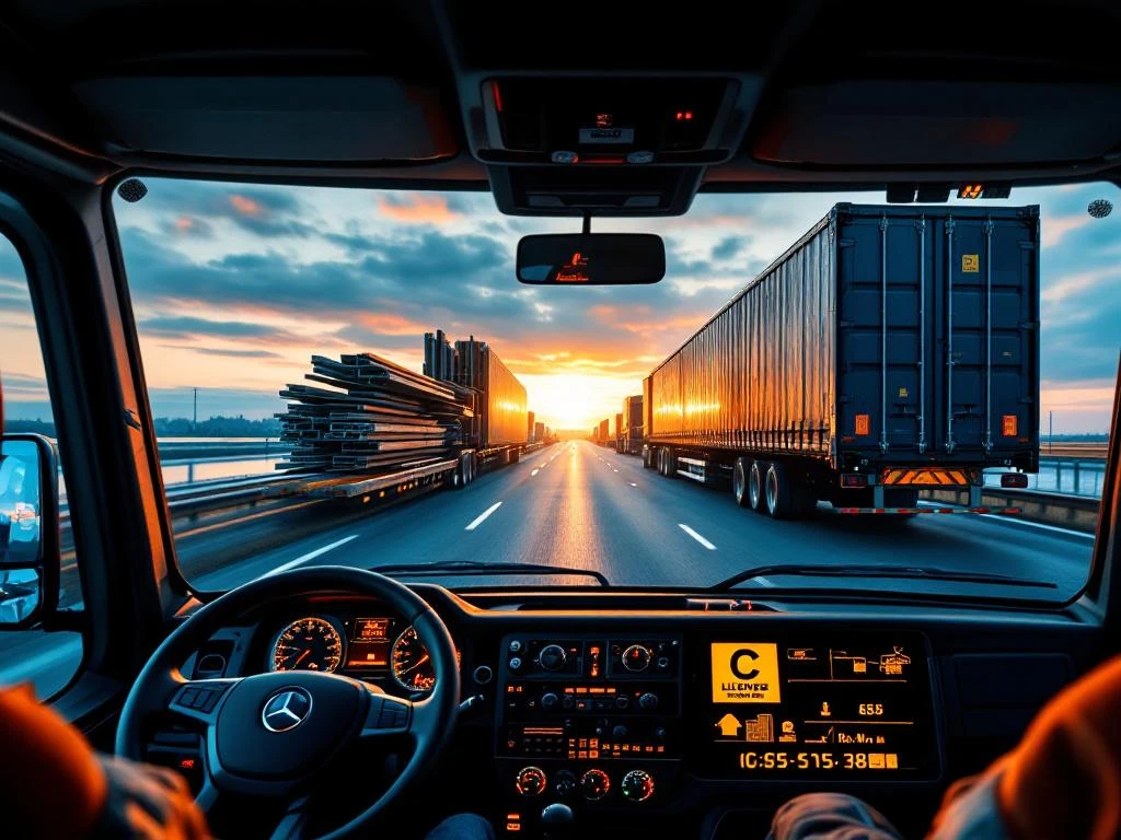Vrachtwagencabine met uitzicht op Nederlandse snelweg, C-rijbewijs zichtbaar, geladen trailer met bouwmaterialen in spiegels