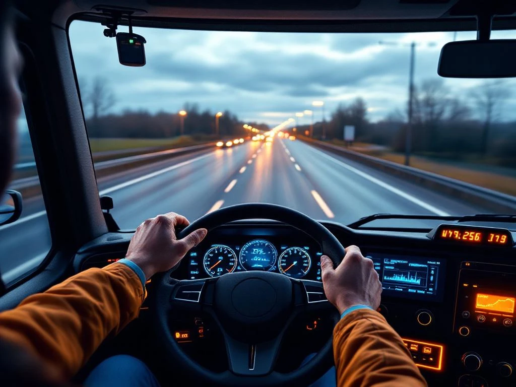 Moderne vrachtwagencabine met digitaal dashboard en GPS-navigatie, handen aan het stuur op Nederlandse snelweg