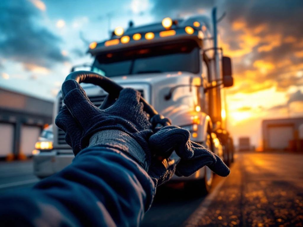 Grote witte en blauwe vrachtwagencabine met chromen details bij logistiek centrum, professionele handschoenen op stuur