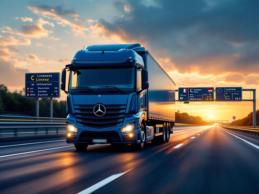 Vrachtwagen met C-rijbewijs op Europese snelweg met internationale verkeersborden en stadsborden bij zonsondergang