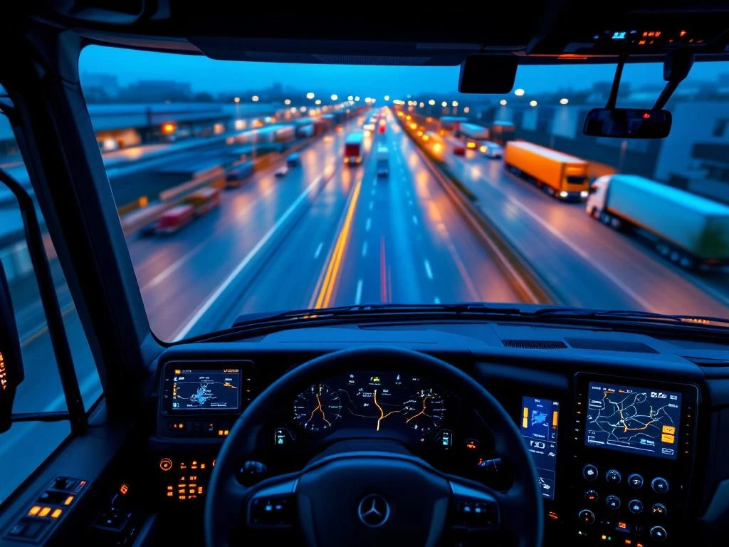 GPS-navigatiesysteem in vrachtwagencabine toont Nederlandse routekaart met snelwegen en leveringspunten, logistiek magazijn zichtbaar