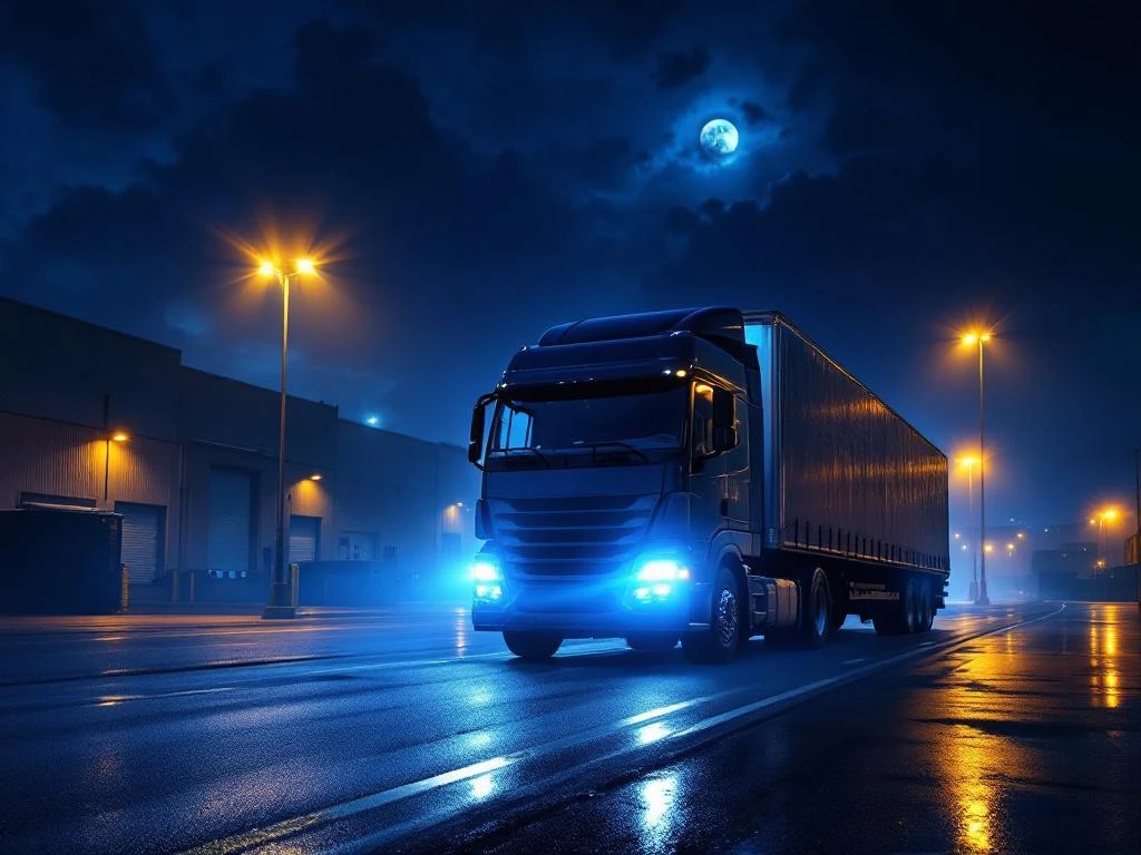 Grote vrachtwagen geparkeerd bij verlichte laaddok 's nachts met dramatische koplampen en industriële achtergrond