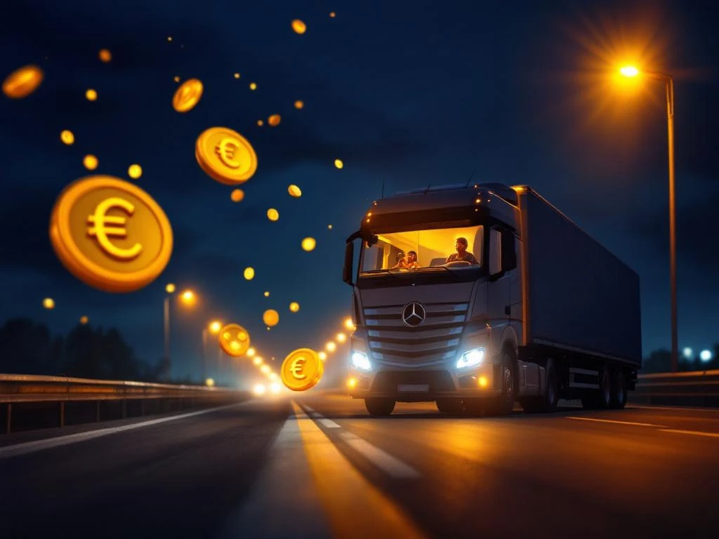 Grote vrachtwagen rijdt 's nachts op verlichte snelweg met gouden euro symbolen die nachttoeslagen voorstellen