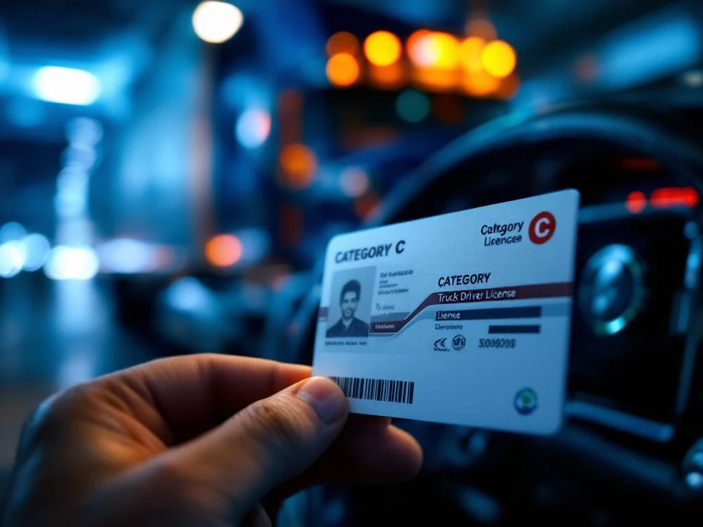 Categorie C vrachtwagenchauffeur rijbewijs kaart op voorgrond met vrachtwagen op achtergrond, professionele verlichting