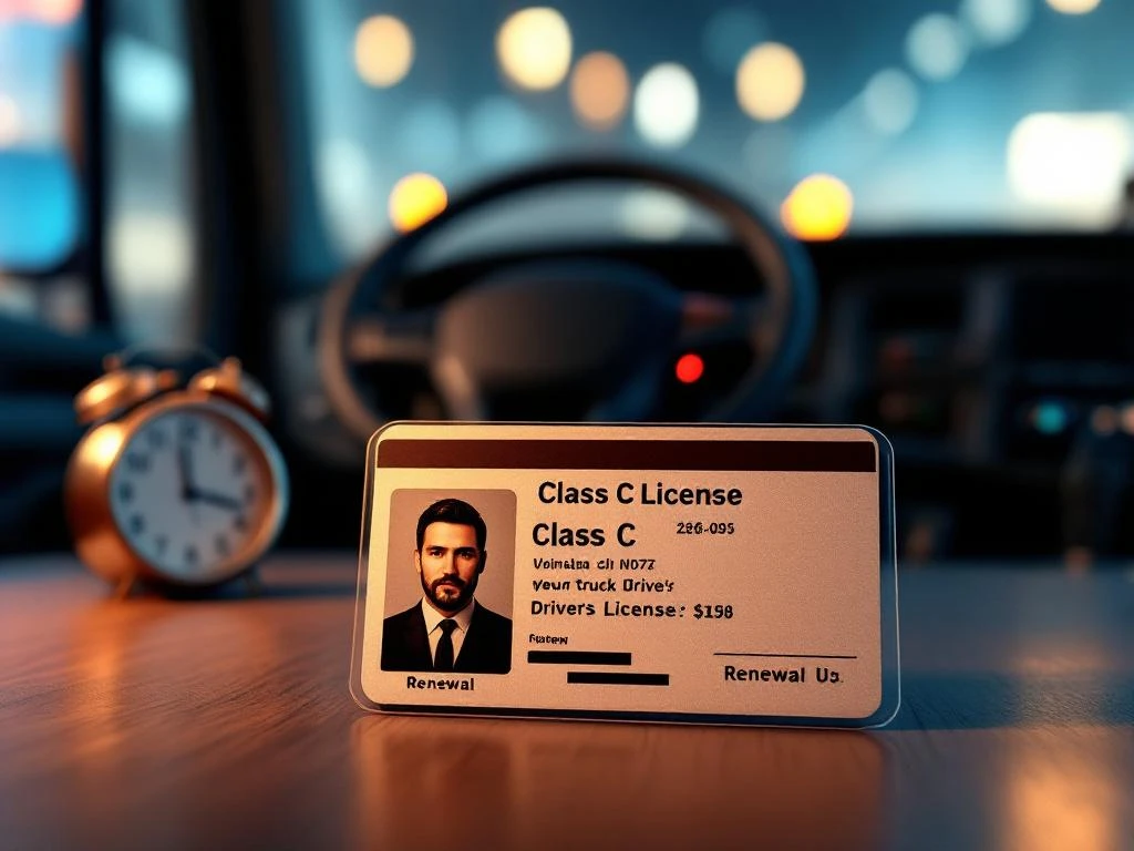 Professioneel rijbewijs C-kaart op voorgrond met moderne vrachtwagencabine dashboard op achtergrond, warme verlichting