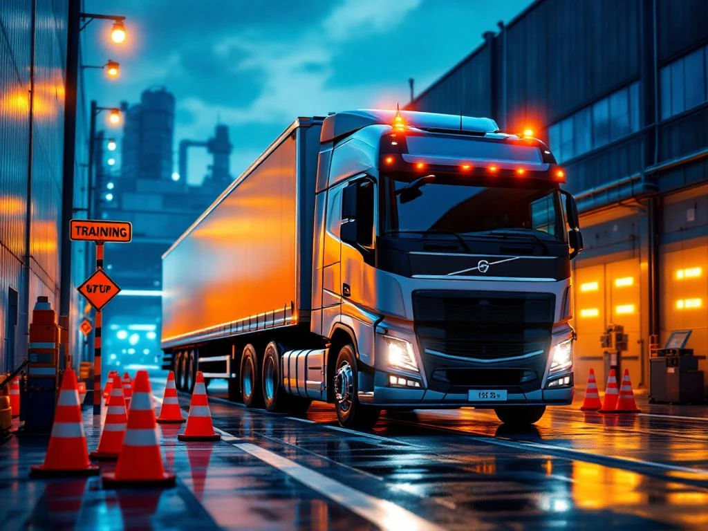 Grote vrachtwagen op rijschoolterrein met verkeerskegels, veiligheidsequipment en certificeringsdocumenten voor professionele rijtraining