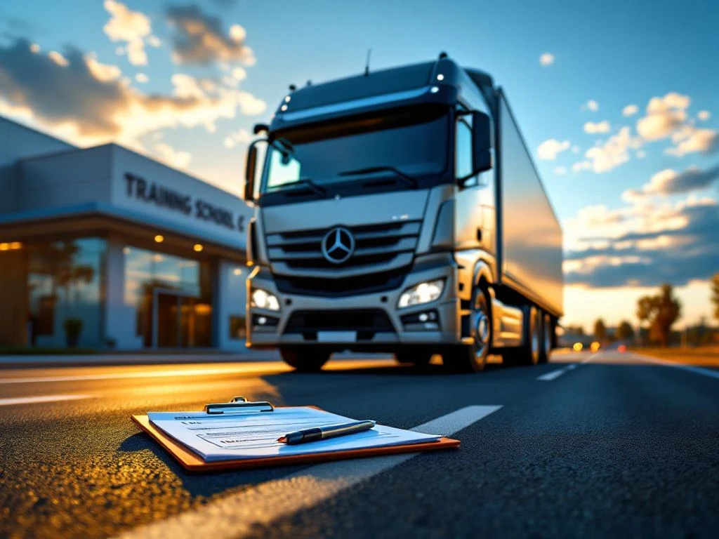 Grote vrachtwagen categorie C op rijschool oefenterrein met trainingsmateriaal op motorkap tijdens gouden uur