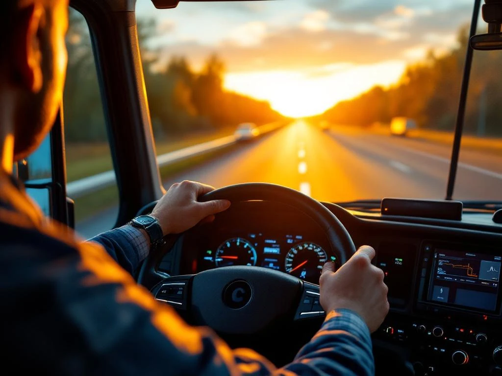 Professionele vrachtwagenchauffeur met C-rijbewijs rijdt op Nederlandse snelweg tijdens gouden uur met GPS-navigatie